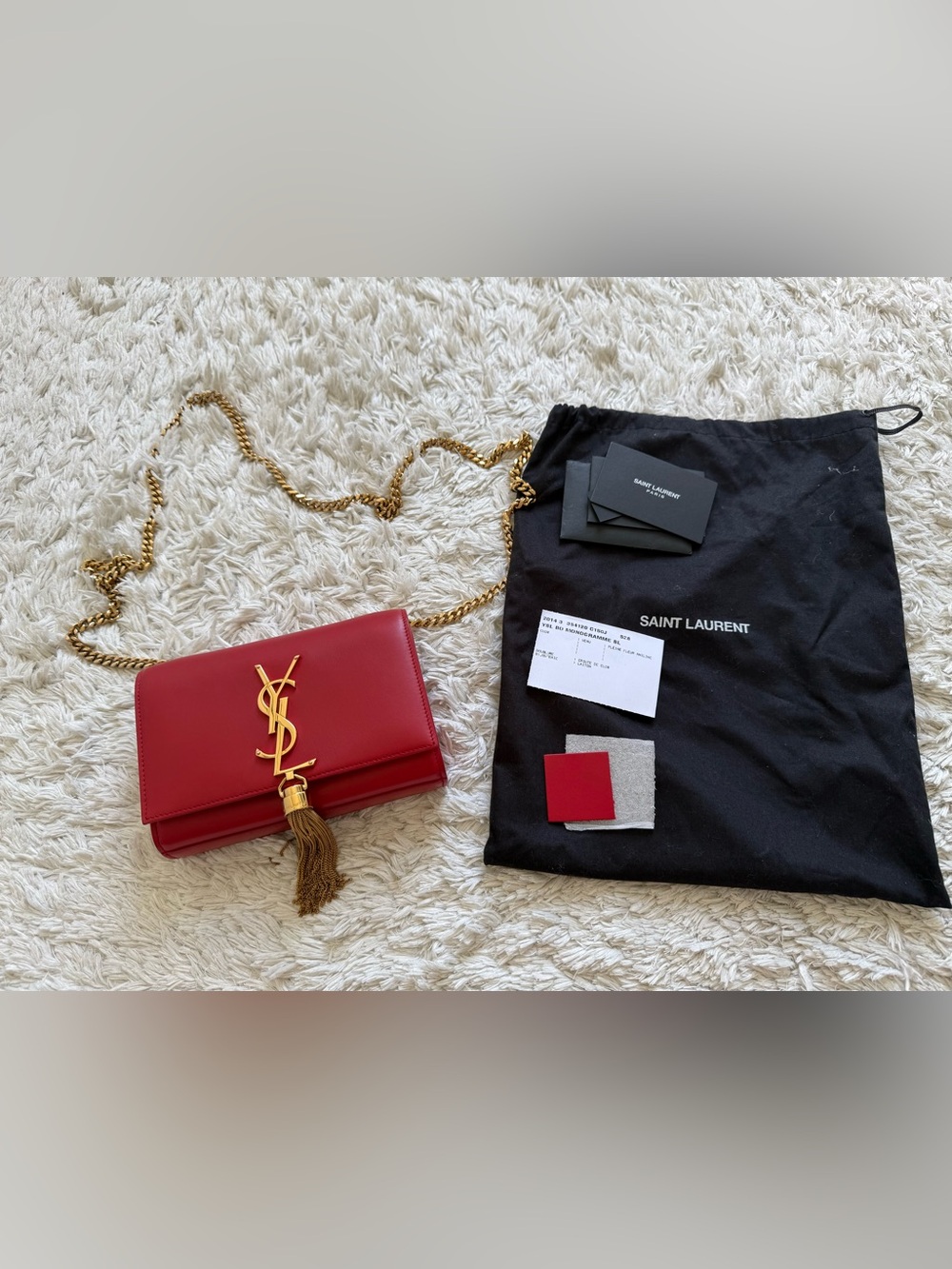 Saint Laurent Red Leather Kate Tassel Crossbody with Gold Chain
